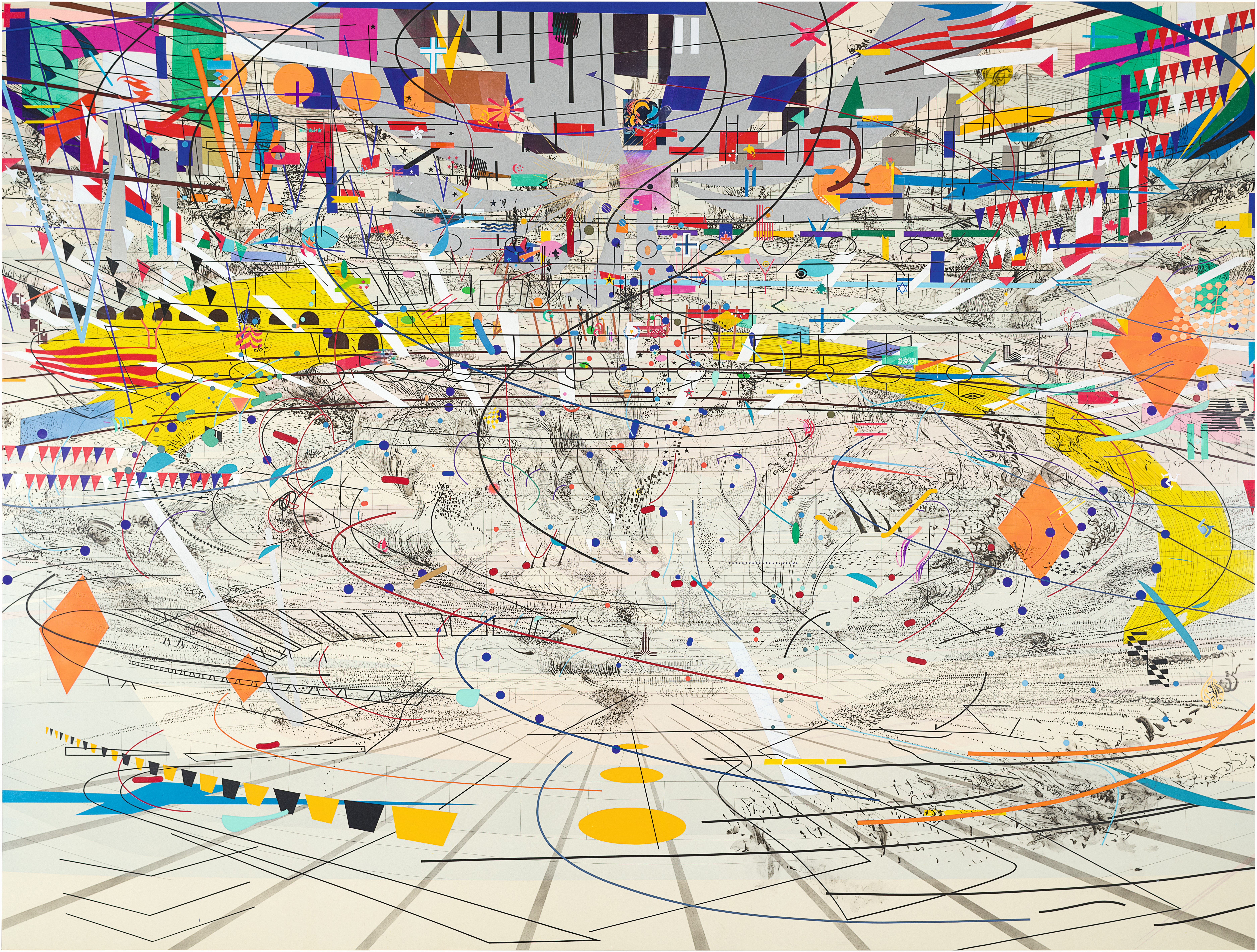 Complex abstract painting featuring detailed overlapping line work and colorful map-like iconography