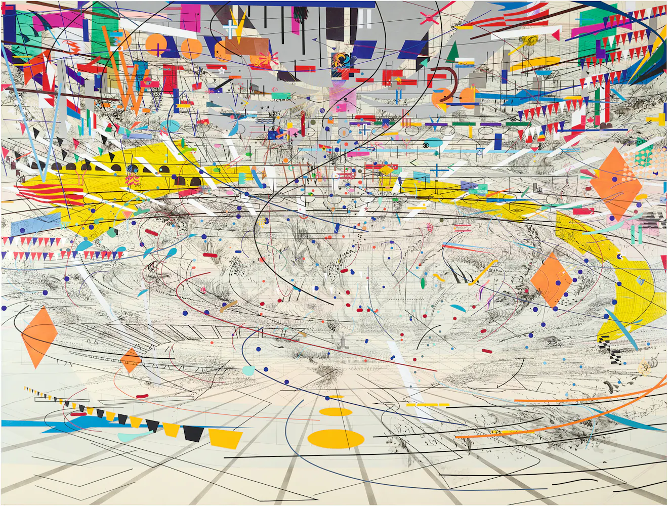 Complex abstract painting featuring detailed overlapping line work and colorful map-like iconography