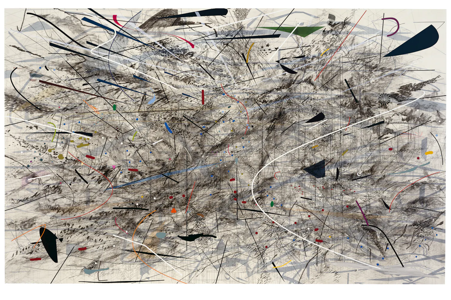 Complex abstract painting featuring detailed overlapping line work and colorful map-like iconography