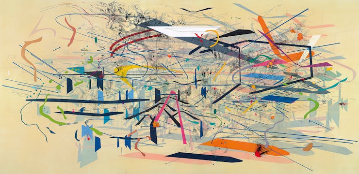 Painting with complex colored lines overlapping on beige background