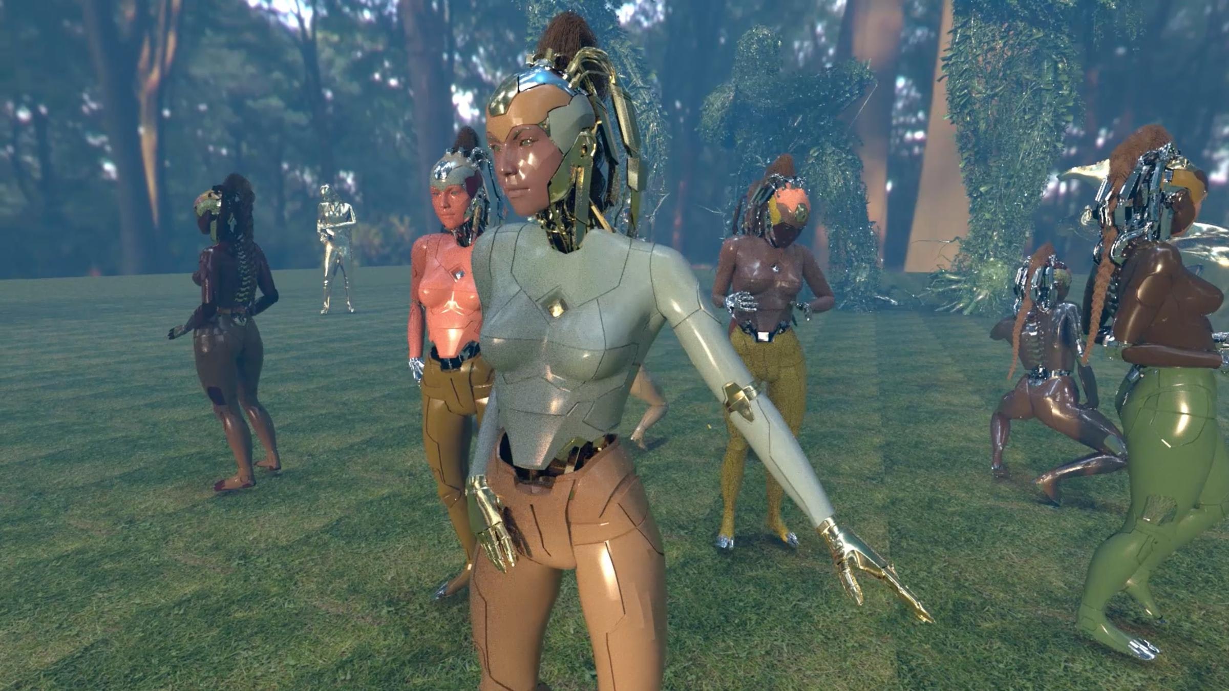 Still from Jacolby Satterwhite, We Are In Hell When We Hurt Each Other, 2020. Several feminine robotic figures stand in a CGI jungle background.