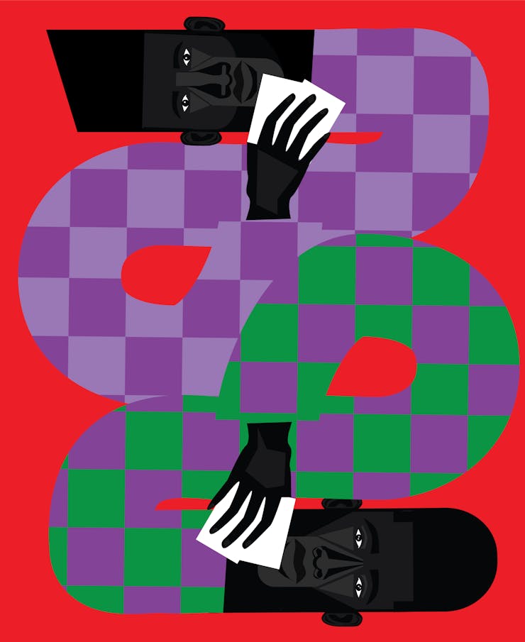 Graphic illustration of two men with flat tops connected via checkered snake body