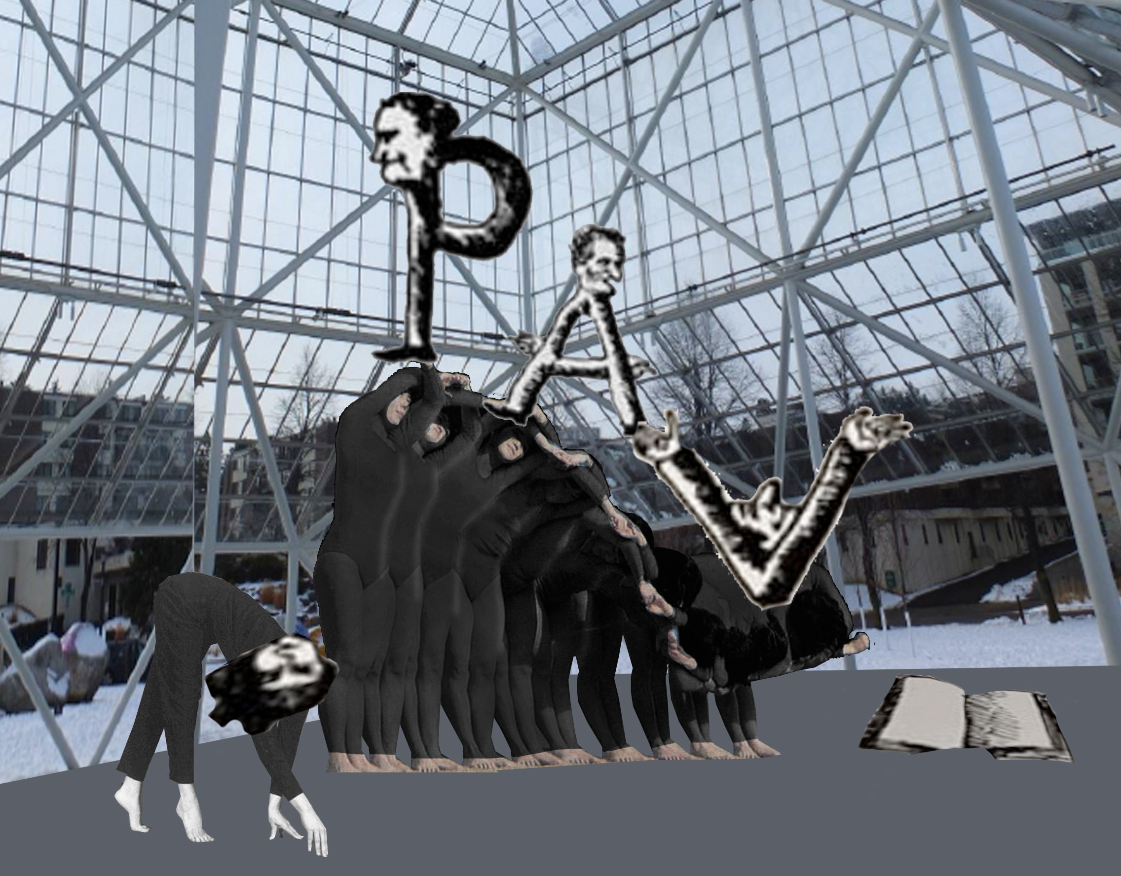 Digital collage illustrating performance comprised of dancers and balloon letters inside a large glass conservatory