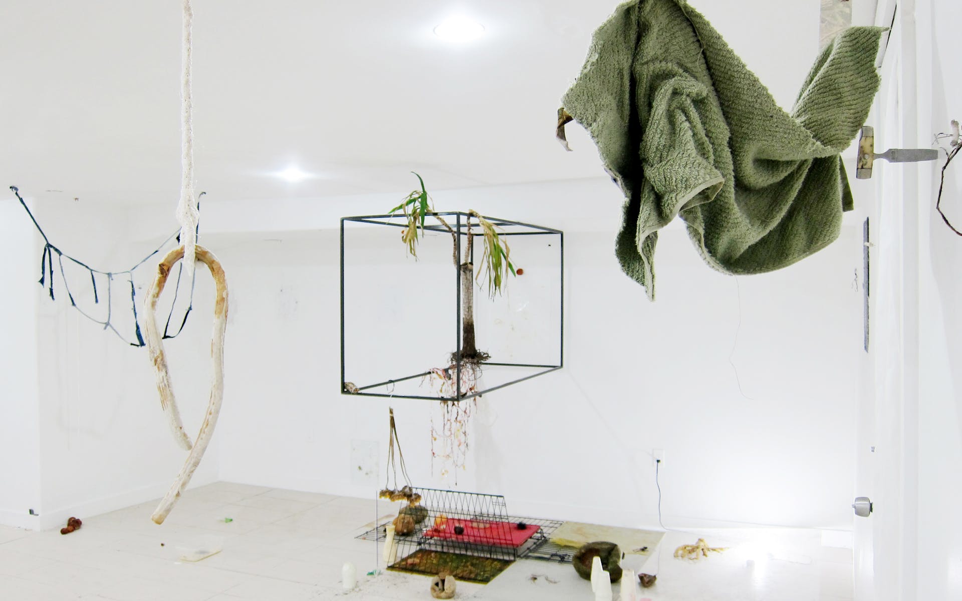 Image of various objects, frames, draped cloth hanging in a white gallery space