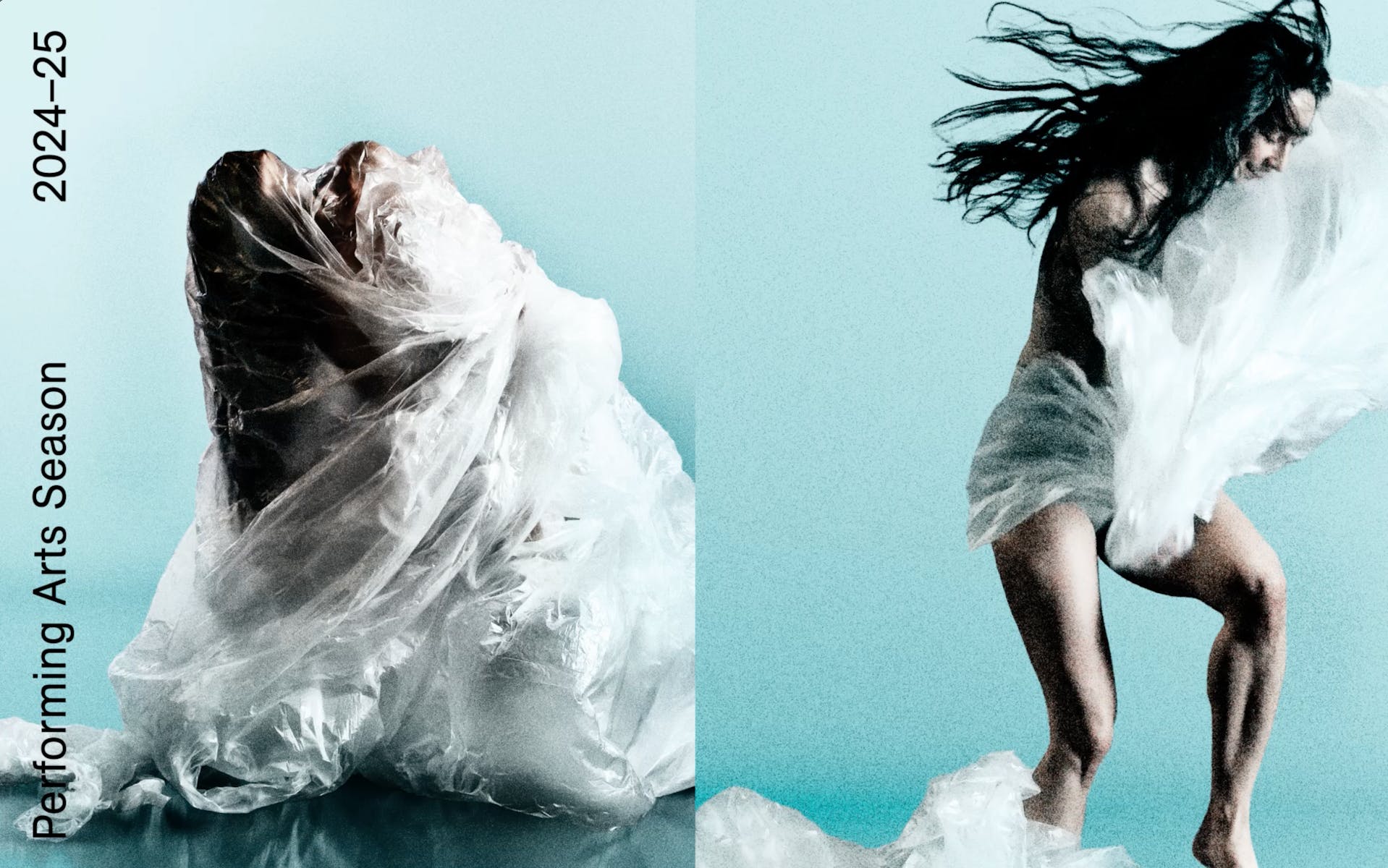 an image of a dancer with light skin huddles under a sheet of clear plastic.eet of clear plastic sits next to another image of a dancer with light skin jumps while holding a sheet of clear plastic.