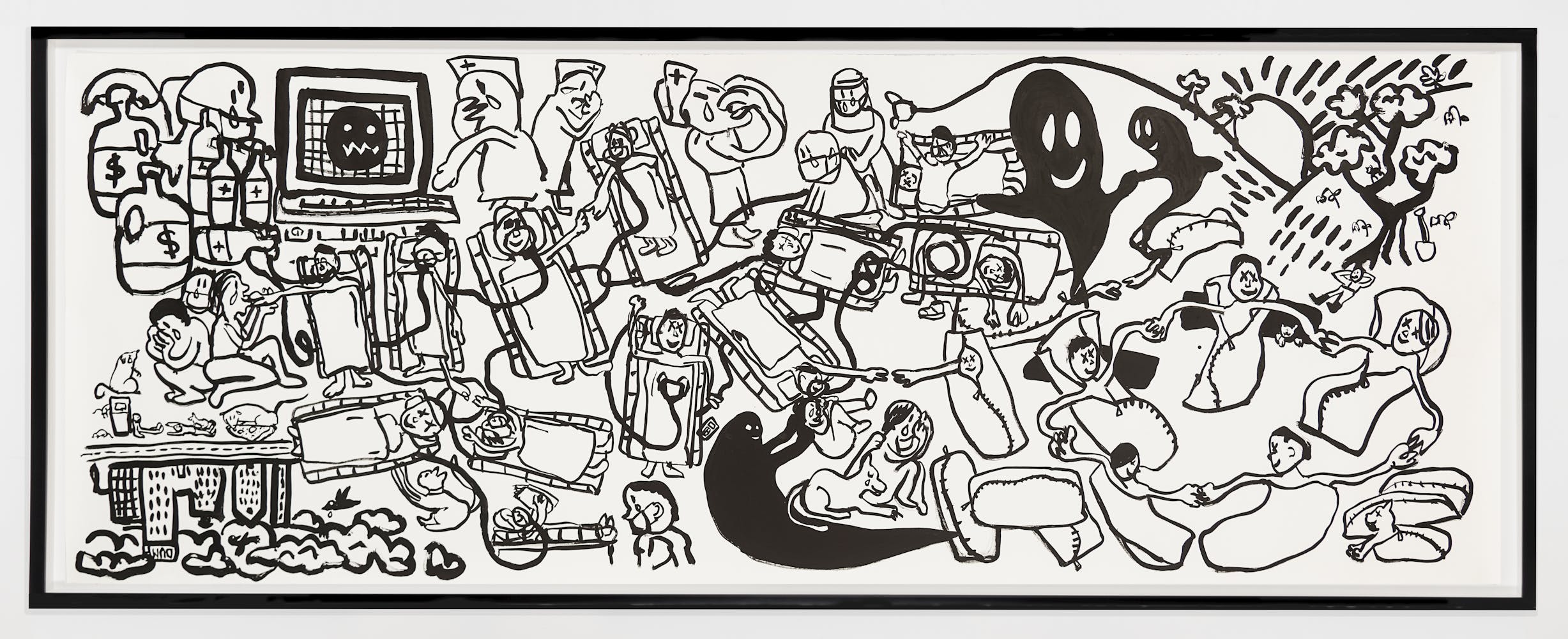 Horizontal black ink drawing of cartoonish figures depicting patients in hospital beds, health professionals, and ghosts