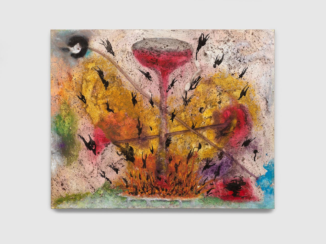 Abstract painting of a large explosion of orange and yellow flames with a red funnel-like shape emerging from the flames and black shadowy shapes flying into the fire.