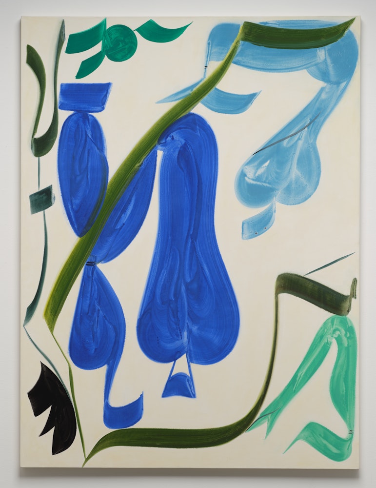 oil painting featuring large rounded abstract shapes in light and dark blue intersected by green ribbon-like lines