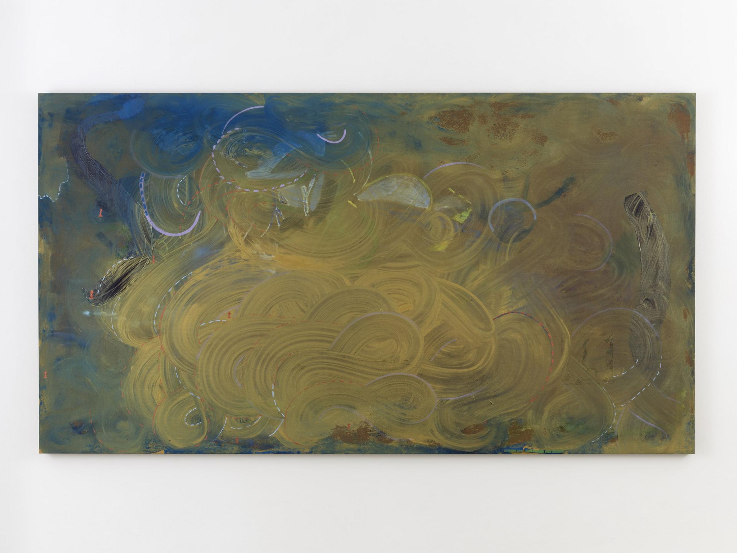 A large, painted canvas with swirling circles and interlocking figure-eights, in blue, yellow, and green with small white, dashed lines outlining select details. Hung on a white wall.