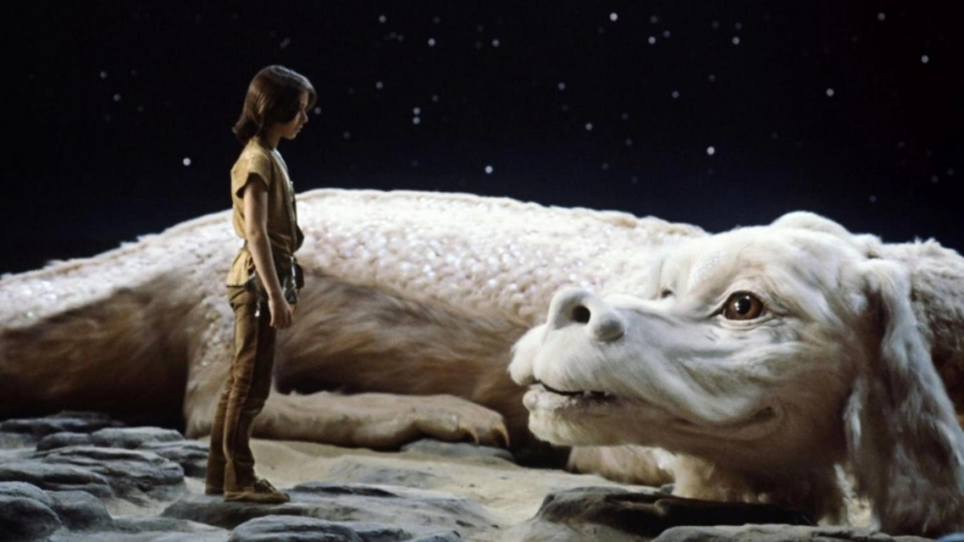 A giant white doglike dragon lays looking at a small boy with light skin and tan clothes. The night sky is filled with stars behind them.