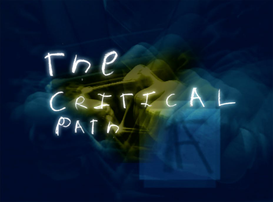 abstracted imagery of hands and cloth with printed “A”. Handwritten “The Critical Path” etched into film.