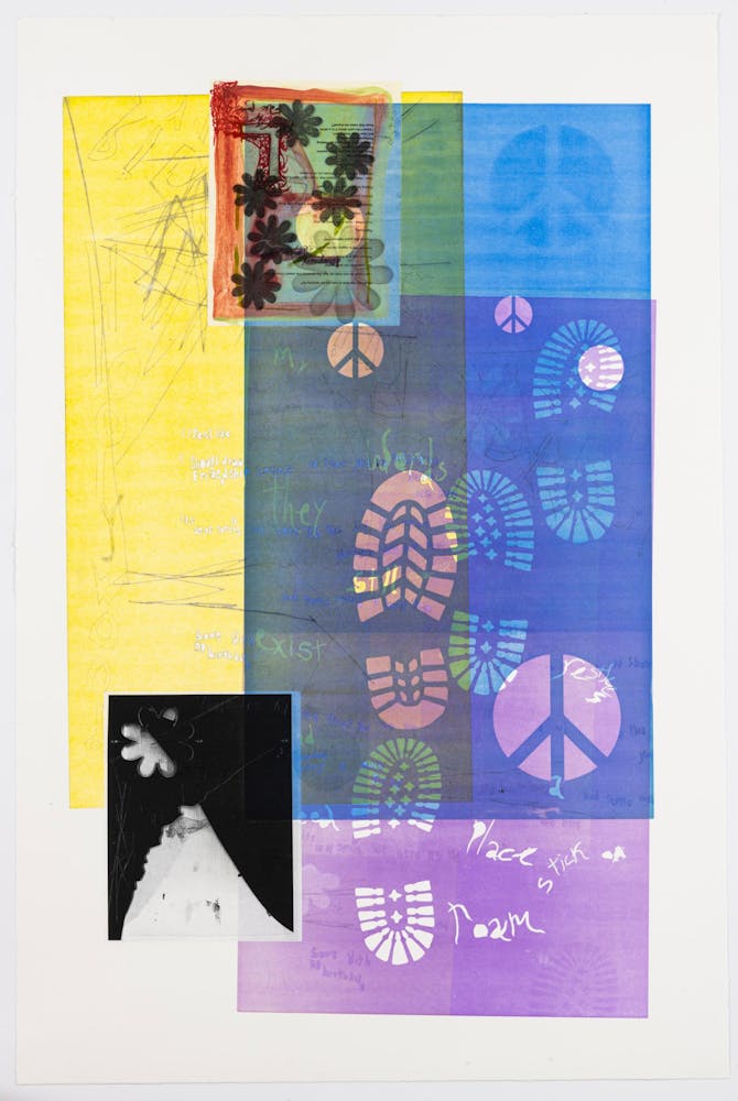 Transparent footprints, peace signs, and words sit atop three off-set rectangles in yellow, purple, and blue, with a smaller abstract black and white rectangle and orange and yellow rectangle with dark flowers pasted on top.