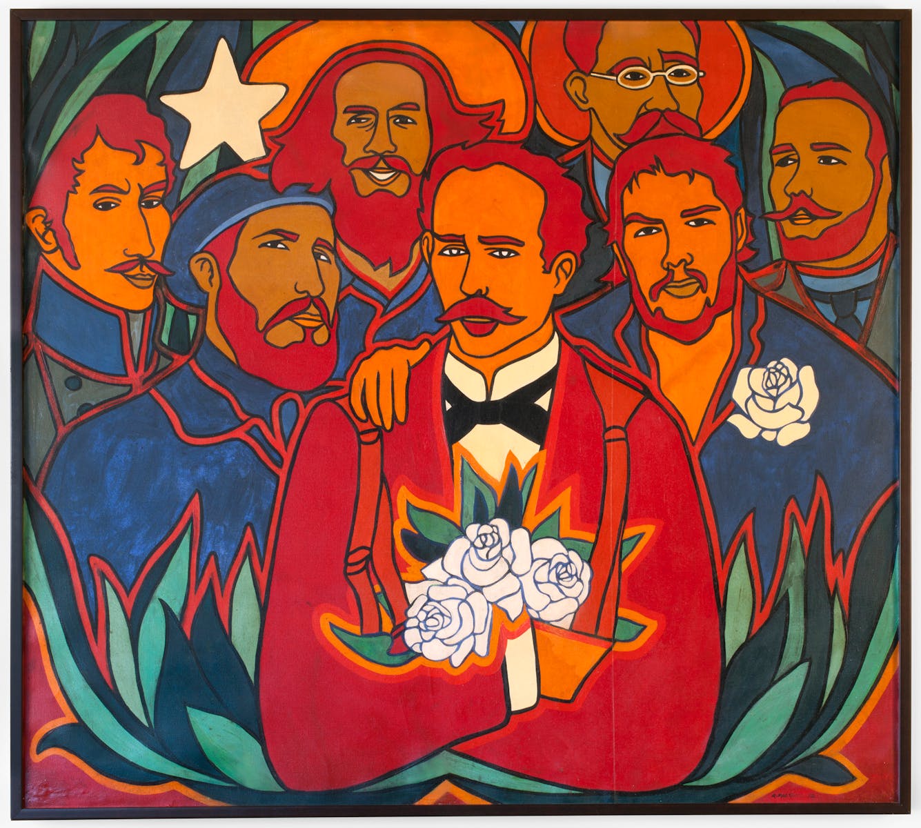 7 Cuban men in a work of orange, blue and ted. One man holding roses.