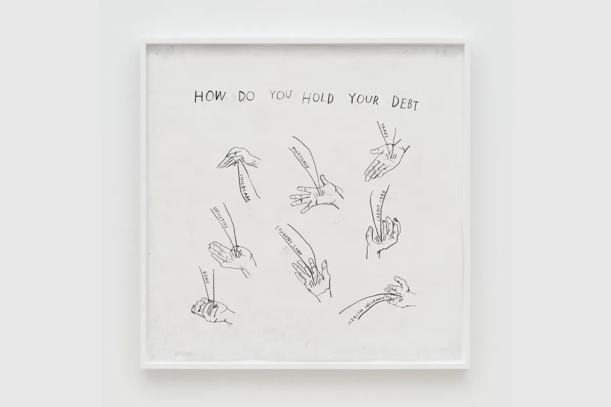 On square white paper, both the imagery and text are hand drawn in black charcoal. Centered horizontally below the top edge is the phrase: HOW DO YOU HOLD YOUR DEBT. Below the title are 8 outlined images of a left hand arranged in different open-palm, cupped-palm, grasping-palm, or spread finger alignment