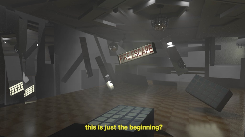 Computer generated image of a dance-hall like room falling apart. A sign saying 