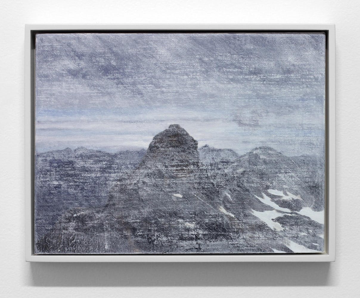 A mountain landscape with sky rendered in atmospheric greyscale.