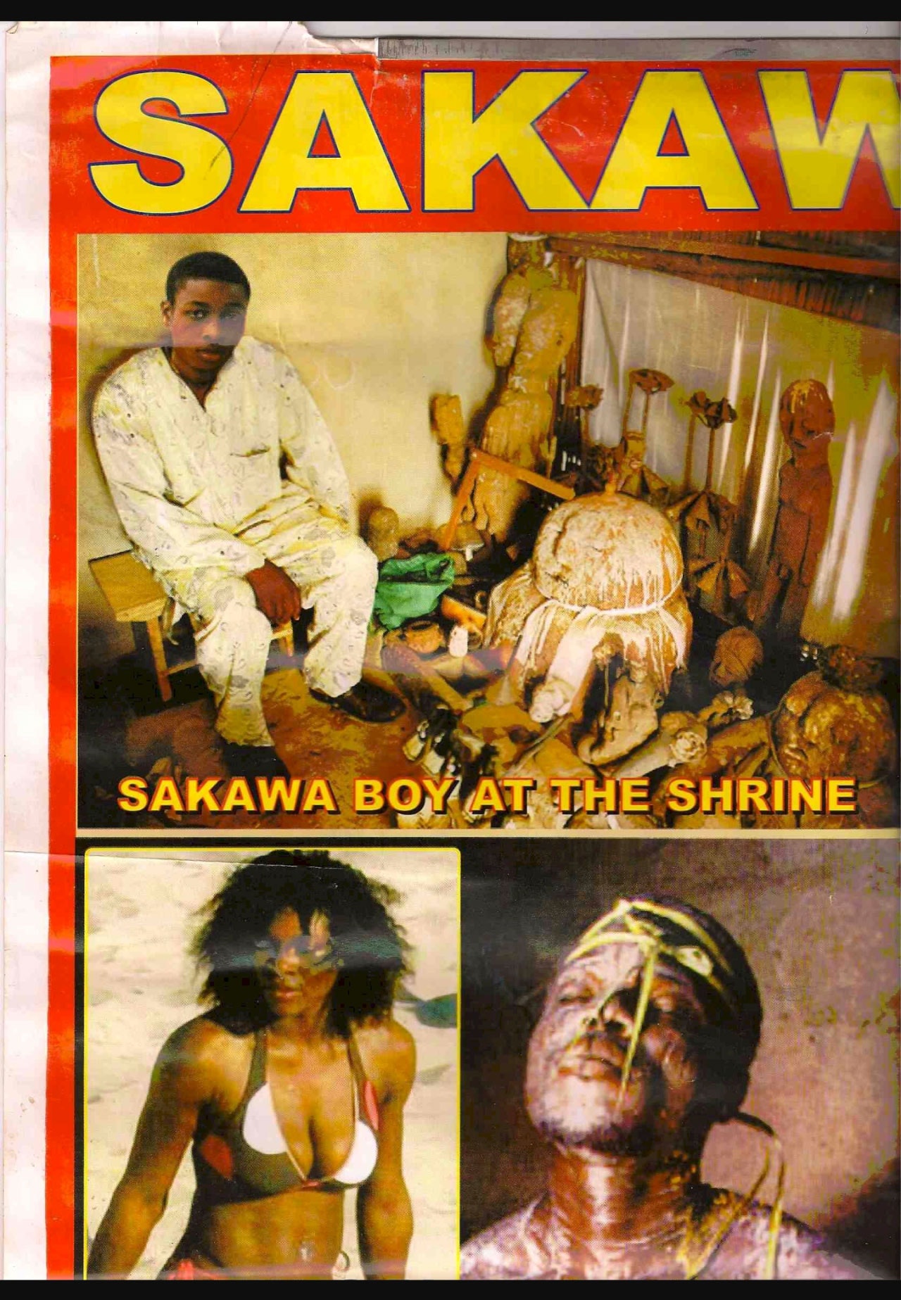 Page of a magazine with images of adults performing rituals with the title "Sawka Boy at the Shrine"