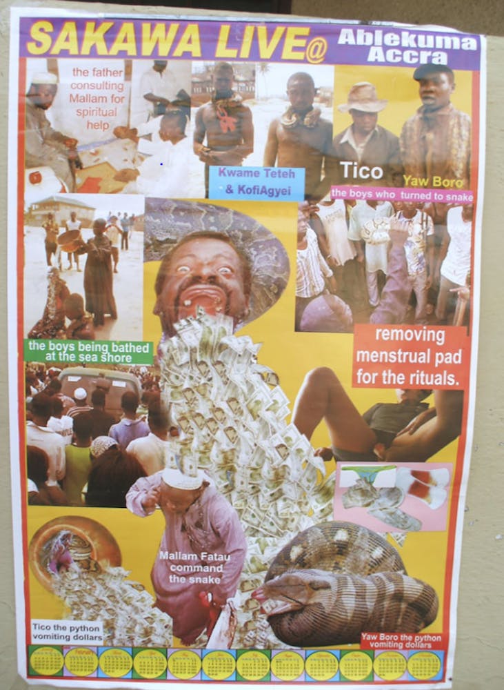 A poster with an image of cash raining out of a man's mouth with the words 