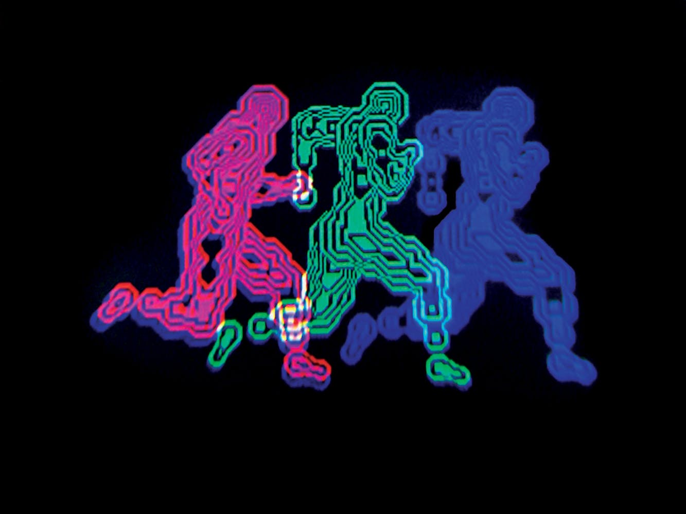 Computer-generated graphics of three runners in pink, green, and blue, made up of geometric line and shape.