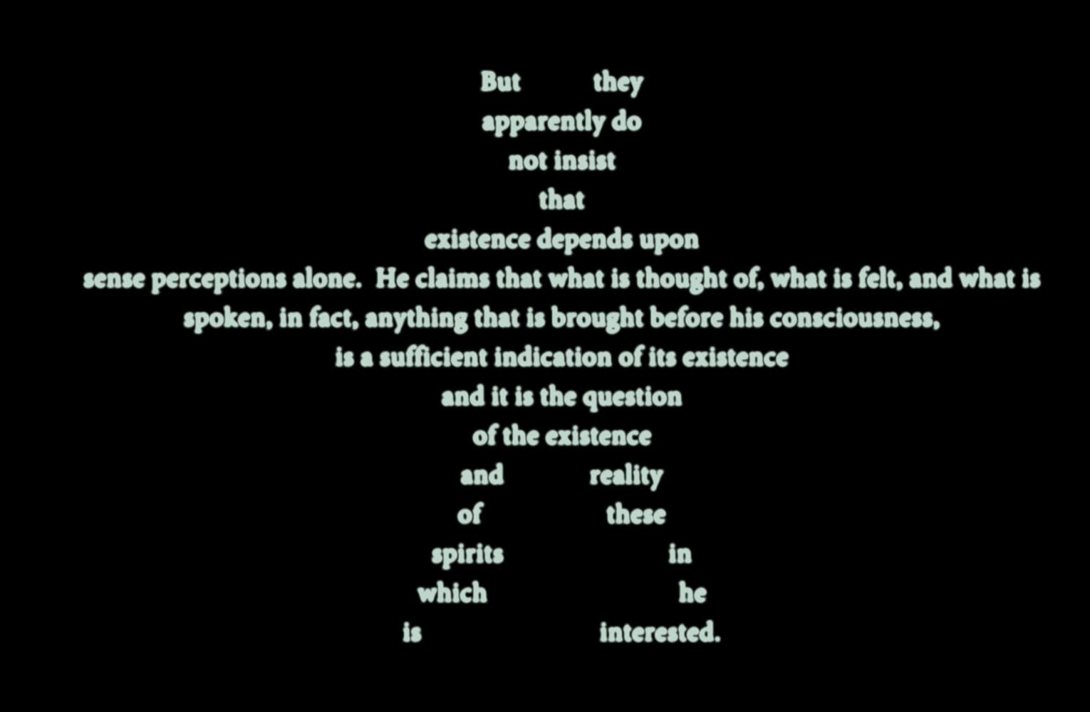 White words are grouped together to create the shape of a human being against a black background.