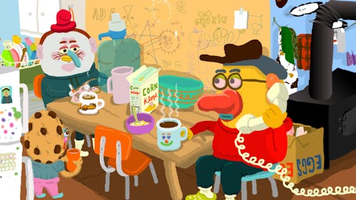 Brightly colored cartoony illustration of two guys sitting at a table having breakfast. One is on the phone. A little walking cookie holds a cup.