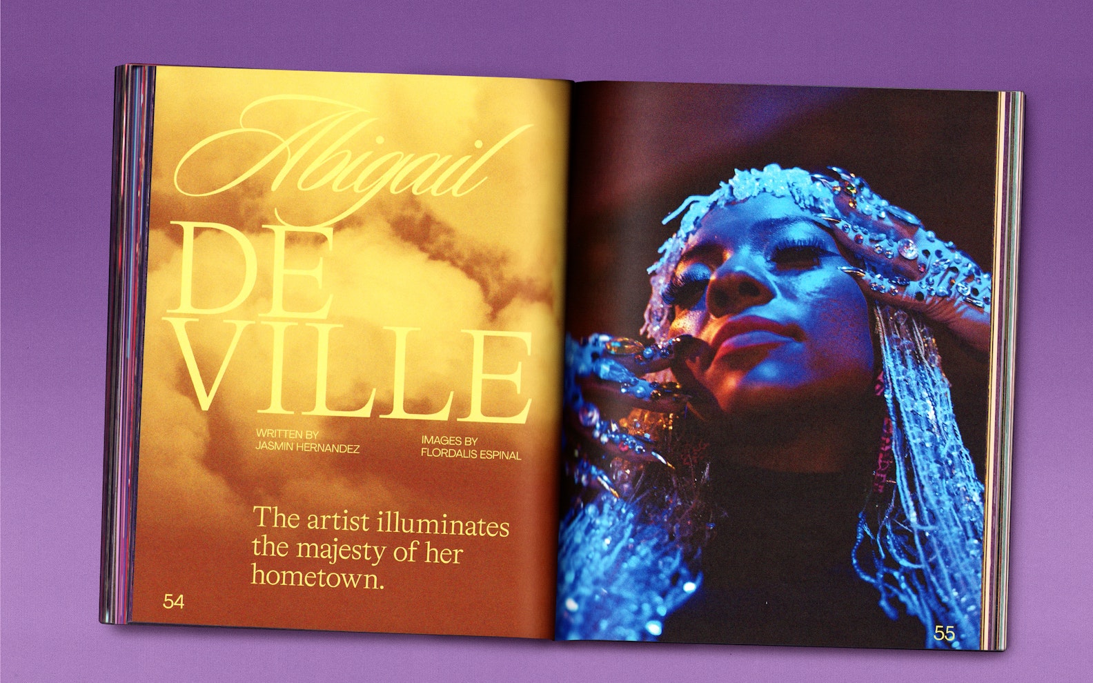 Seen005_Mockup_004 An open book on a purple background. Left hand side reads: Abigail DEVILLE, righthand side is a picture of a dark skinned woman with jewels.