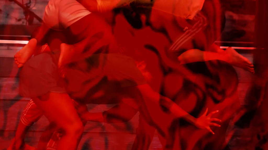 Abstract image of people in motion, overlain with swirling red patterns.