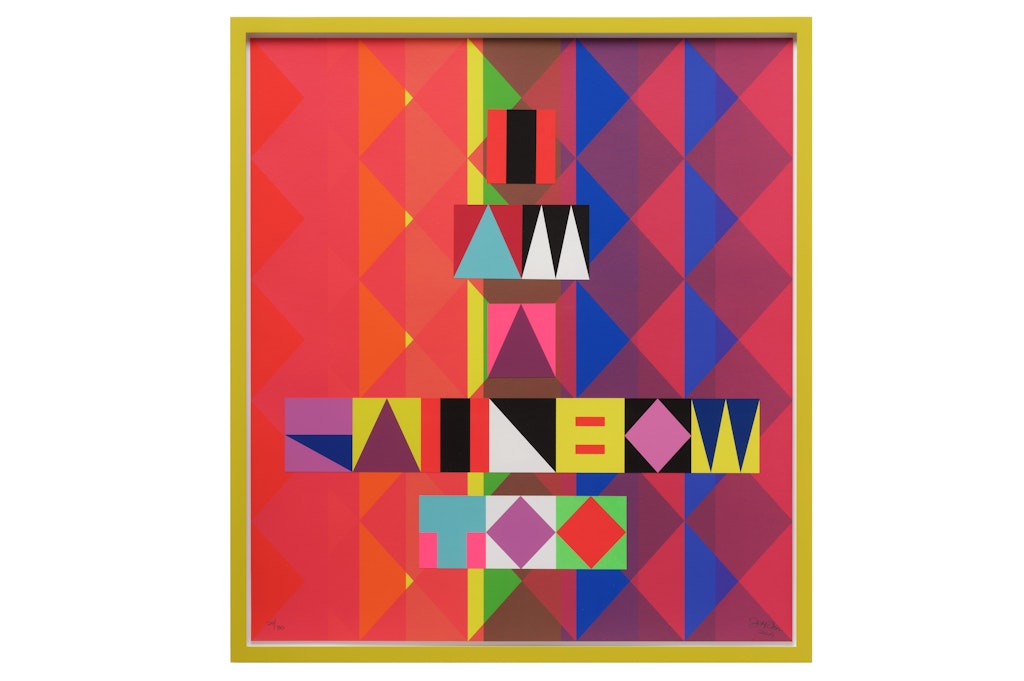 Colorful abstract art made up of triangular shapes spelling out the words