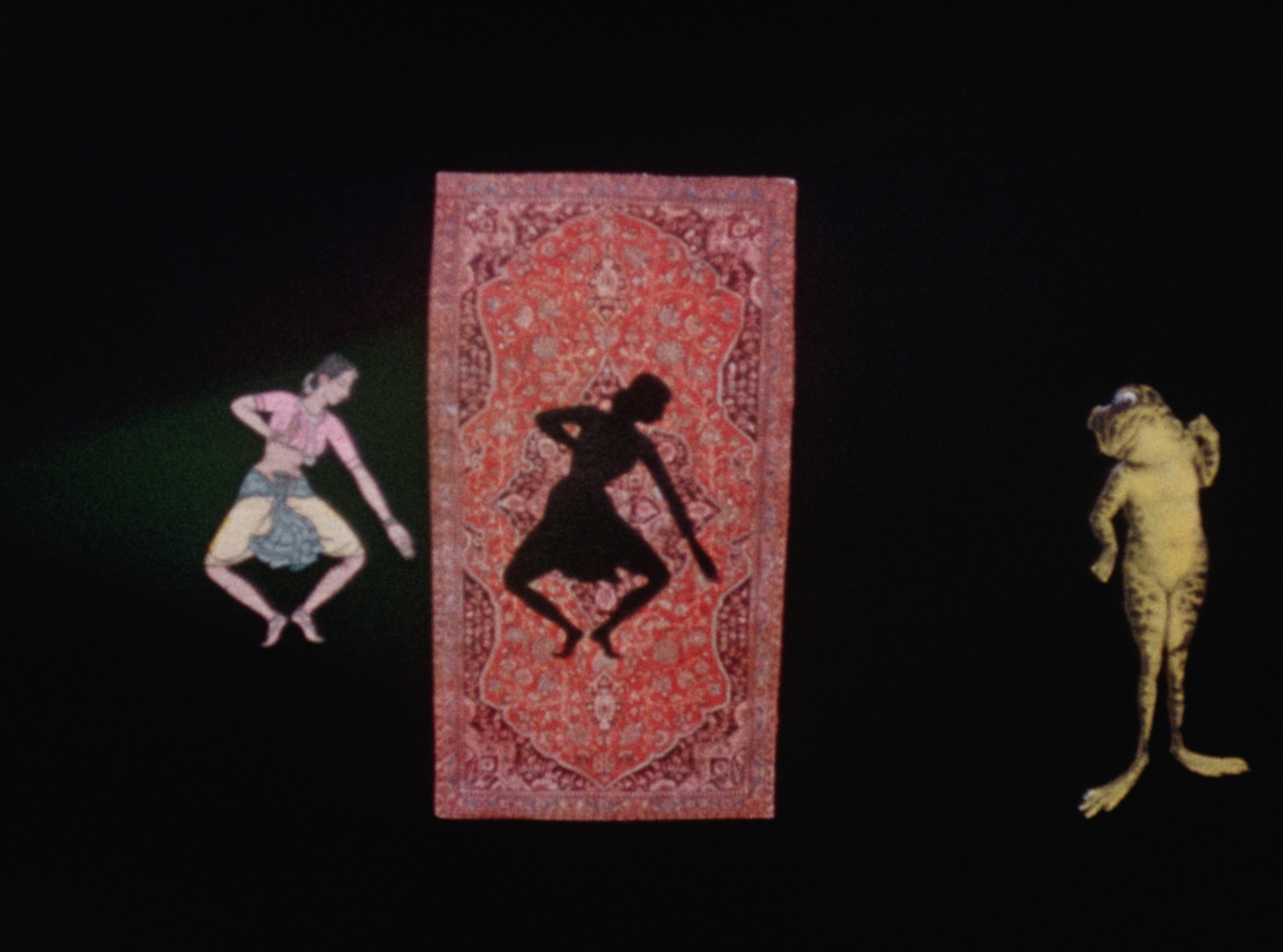 animated image of a woman and a frog with a Persian rug between them. In the center of the rug is a silhouette of the woman.