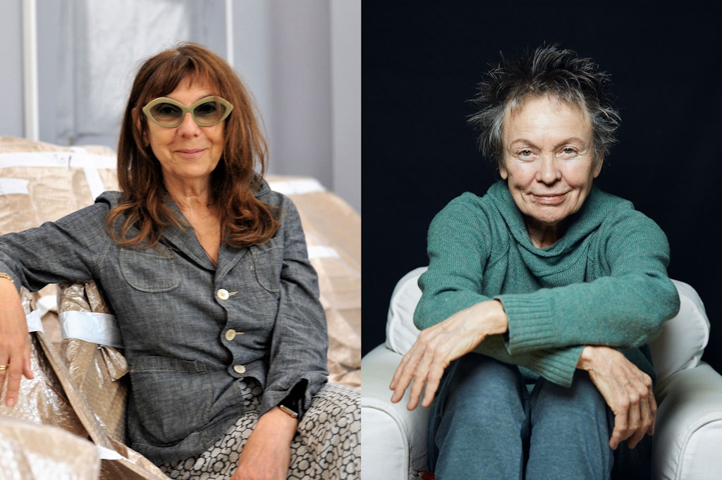 A woman with long brown hair smiles at the viewer while wearing sunglasses and sitting on a couch wraped in tape. The second half of the image is of a woman in a green sweater smiling at the viewer as she sites in a white chair with her arms crossed over her knees.