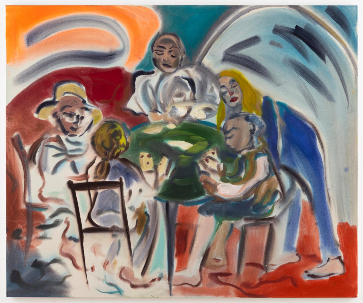 Five loosely drawn figures sit at a table playing cards.