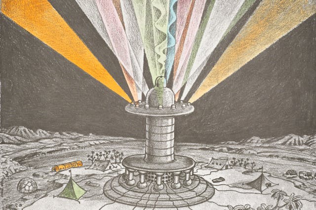 An illustration of a desert space with a large structure giving off rays of light and small tents around it.