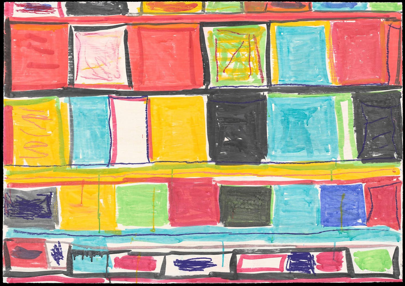 Five rows of vibrantly colored squares with crayon and watercolor scribbles over the main colors.