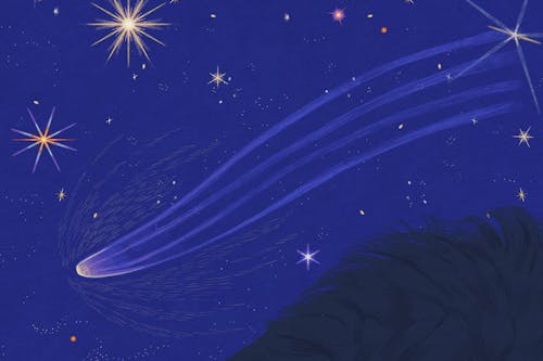 A blue illustration of a stary night and a shooting star in the center.