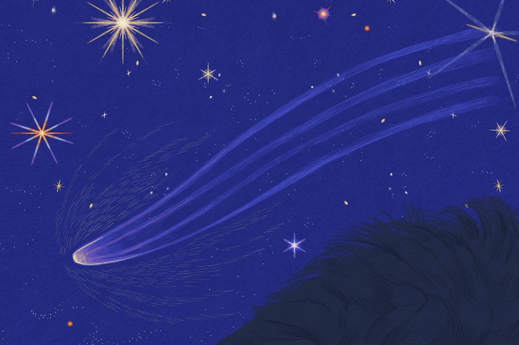 A blue illustration of a stary night and a shooting star in the center.