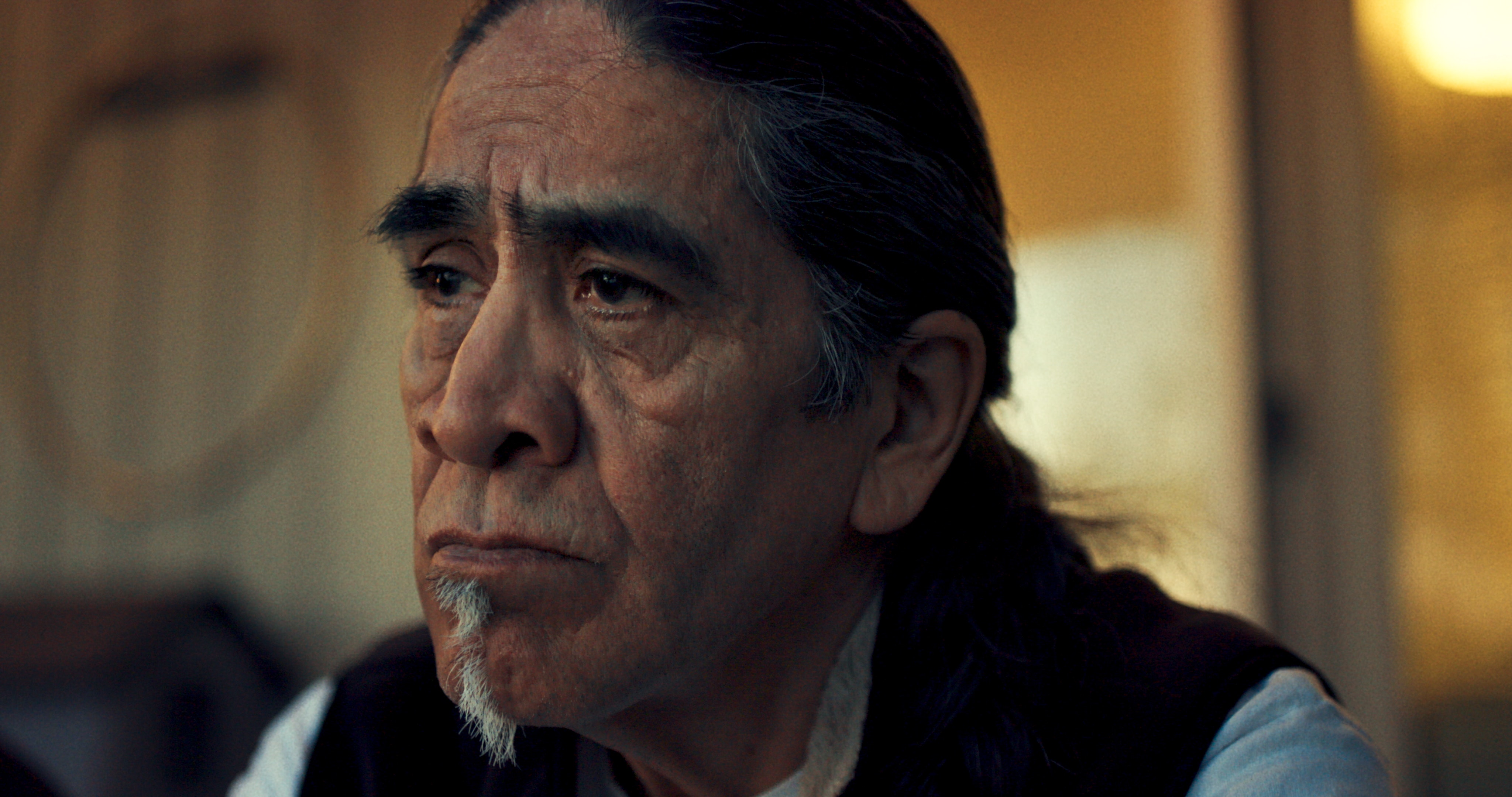 A person with medium skin and long grey-black hair stares to the left of the camera.