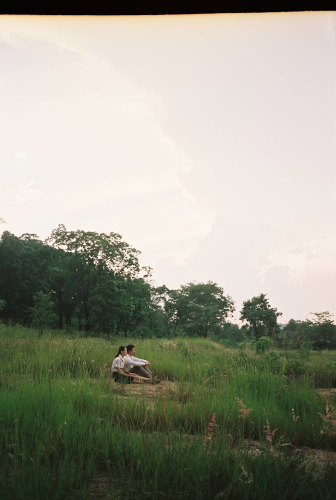 a man and woman sit in a field of tall grass