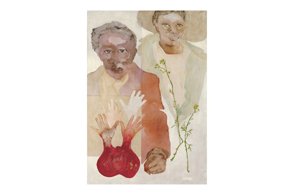 Painting of two figures with dark skin, looking at the viewer. A weed and hands that look like a heart are in the foreground.