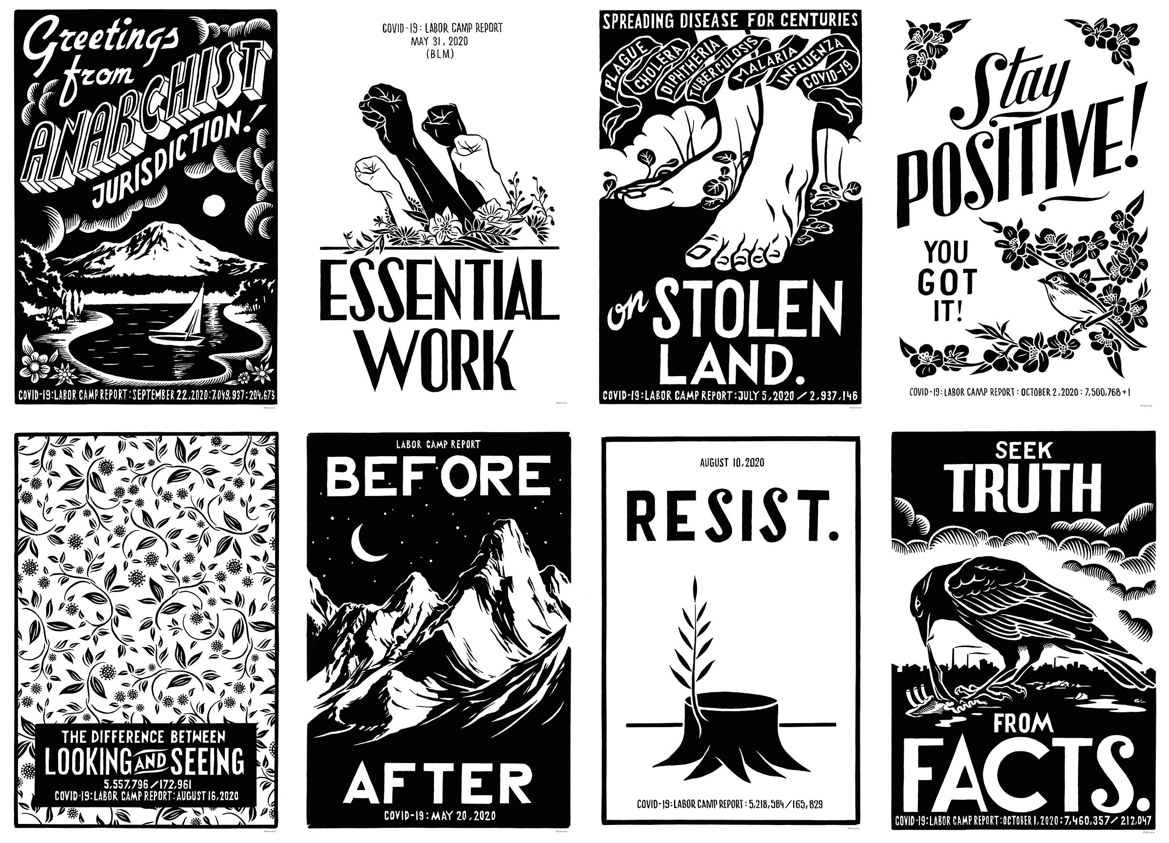Grid of eight black and white illustrated posters