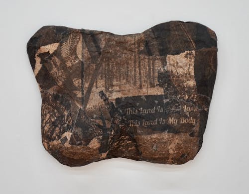 Image of a brown and tan papier-mâché work installed on the wall. The work is three-dimensional, has rounded edges, and contains various cyanotype images—including several of the forest. One image reads: “This Land Is... Land. This Land Is My Body.”