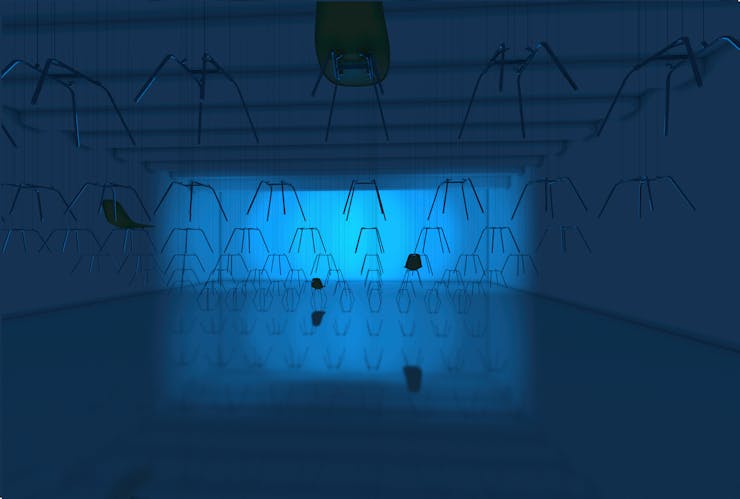Gallery bathed in blue light with dozens of chair legs hanging from the cieling