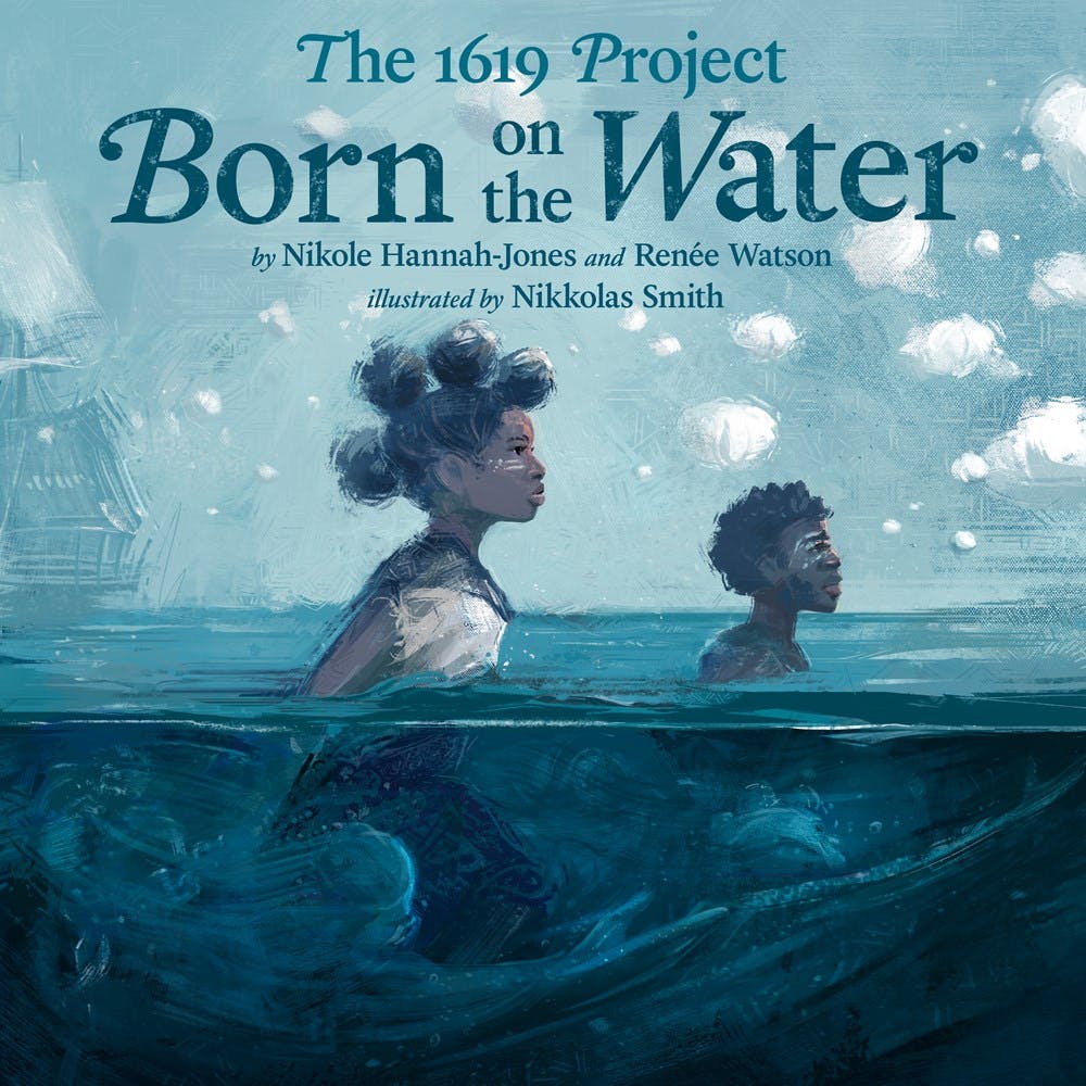 Illustration of an adult Black woman and a Black child walk through water.