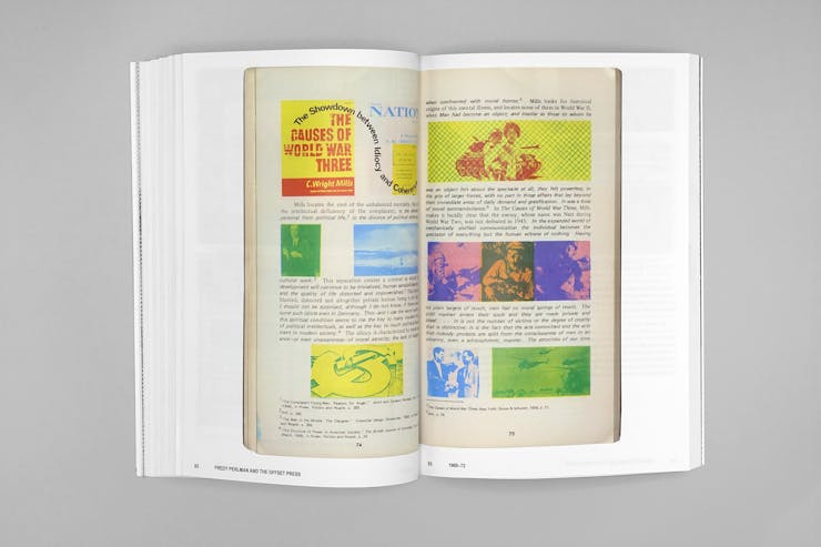 open book spread featuring an image of a colorful book on a white background