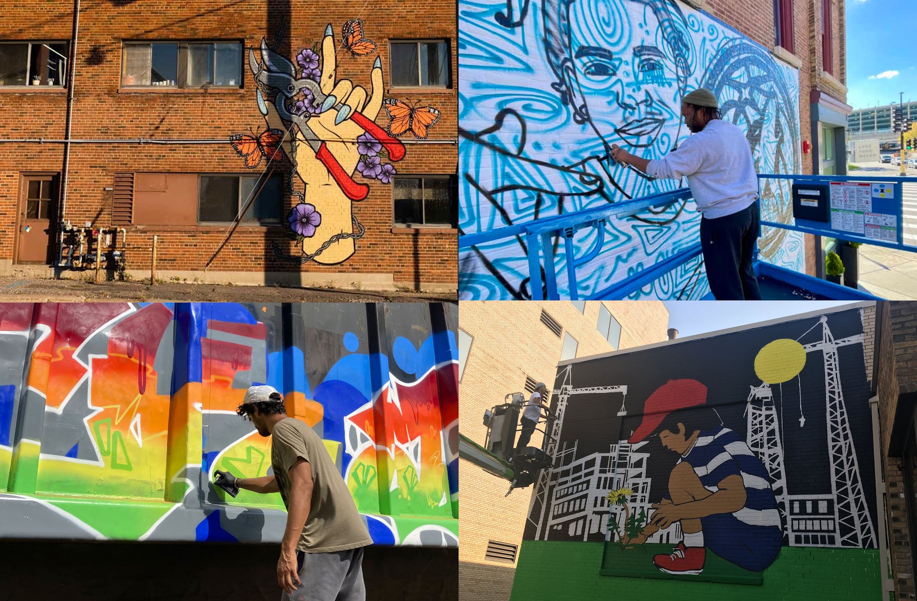 A grid of four images showcase graffiti art on Minneapolis buildings.