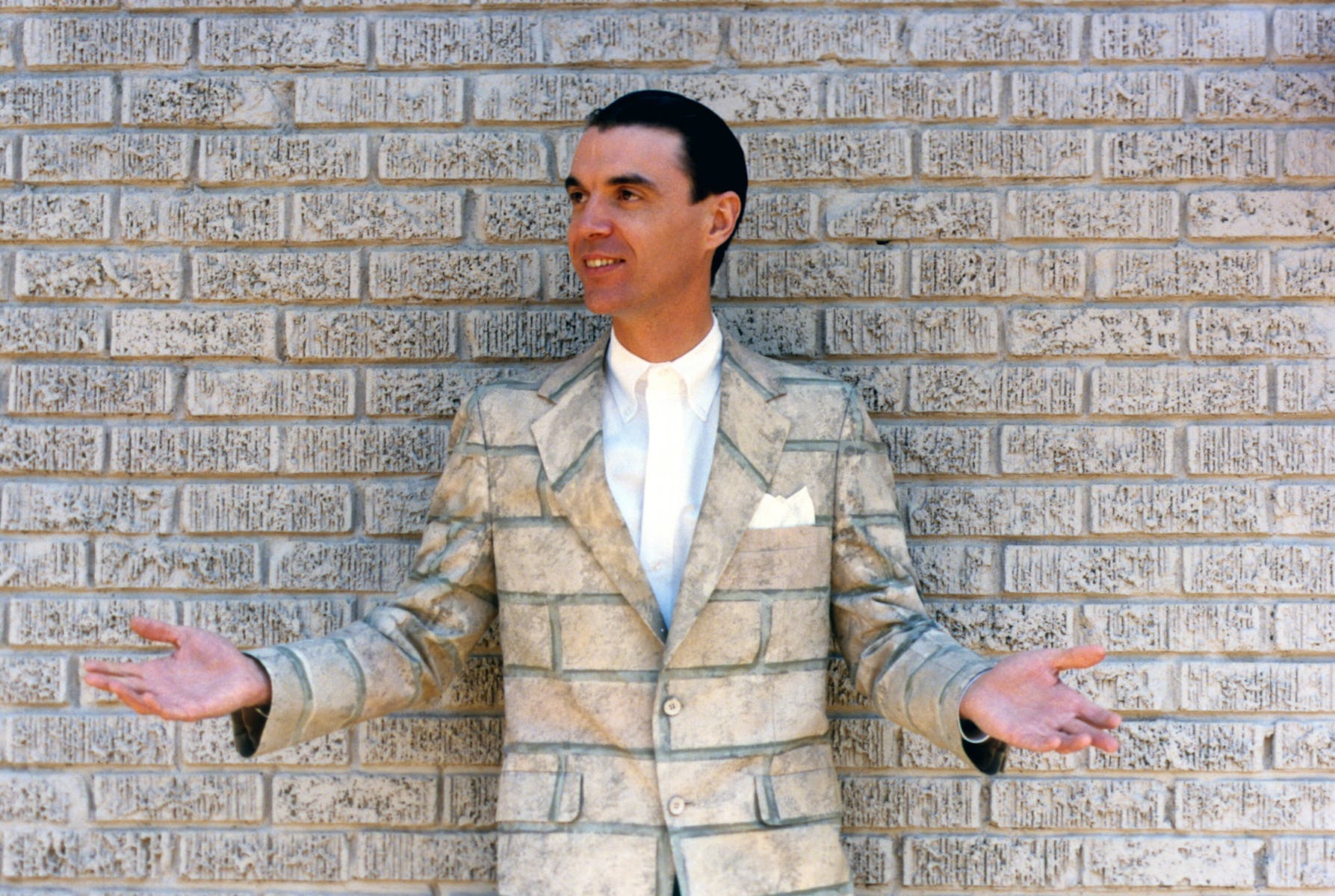David Byrne standing against a brick wall in a brick patterned suit.