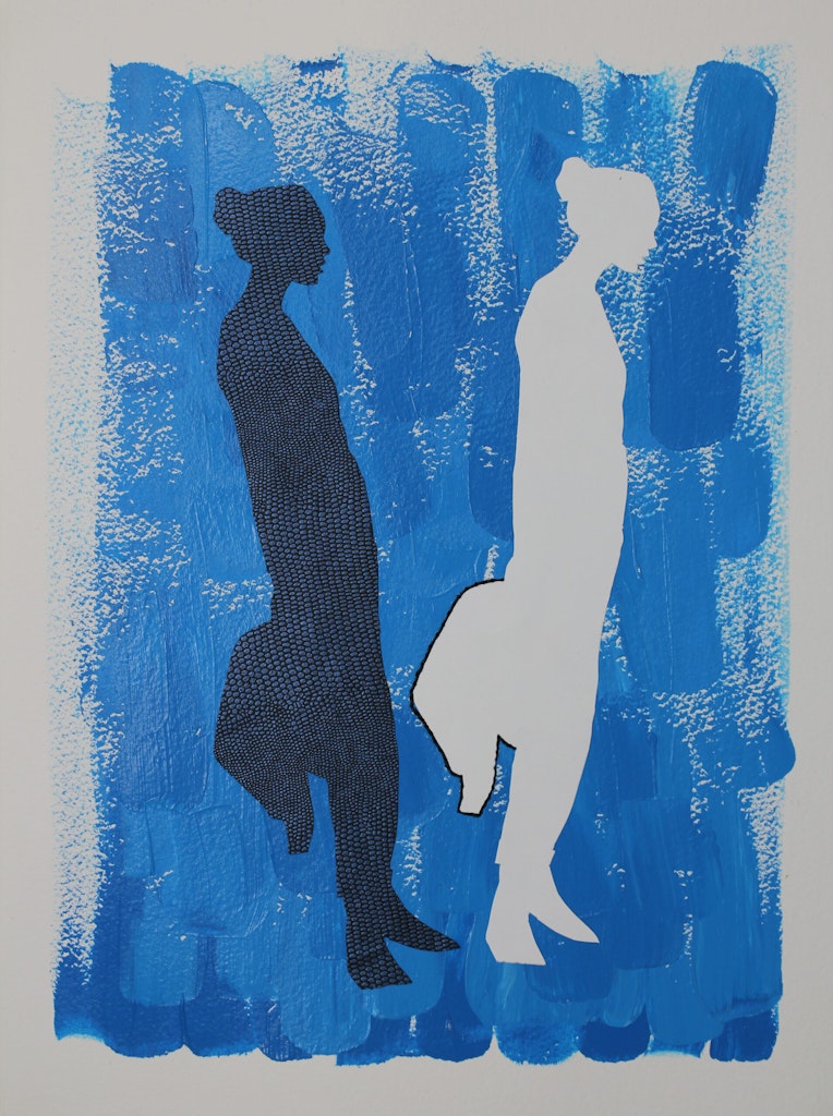 A painting of two adult figures against a blue background.