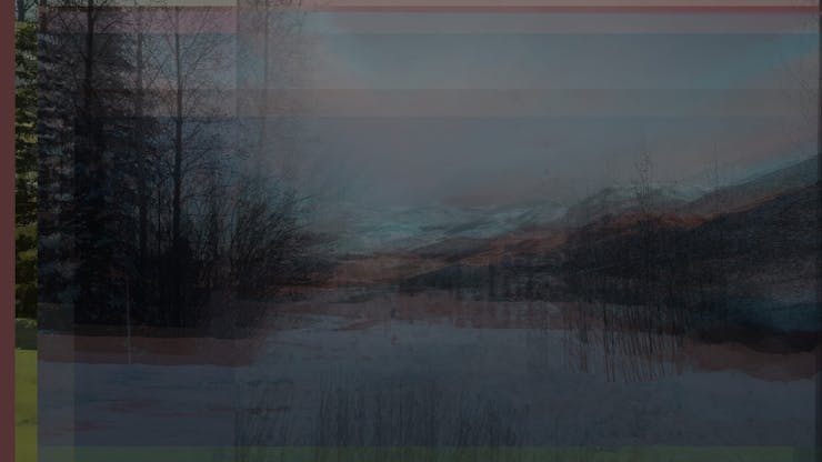 The image shows a layered series of photographs taken from a similar perspective. It is the same view of photographs of the Shoshone/Idaho Mountains, taken over a period of multiple days with the available light being different every time. The general blue-ish hue is from a couple of digital photographs that were taken in the early morning. The photos are also layered onto a photoshop background that is orange-red, a hue taken from one of the other in processed digital photographs. A sliver of that color is seen on the left side of the photograph. It is an exposure of the background layer of a complex image. The images are not aligned perfectly, causing the overall lines in the image to appear blurred or unsure. The layering refers to the “rolodex” of light states in the writer’s memory of the place (mentioned in the writing). The title points to landscape photography’s role in Manifest Destiny (such as the photographs of Carlton Watkins).