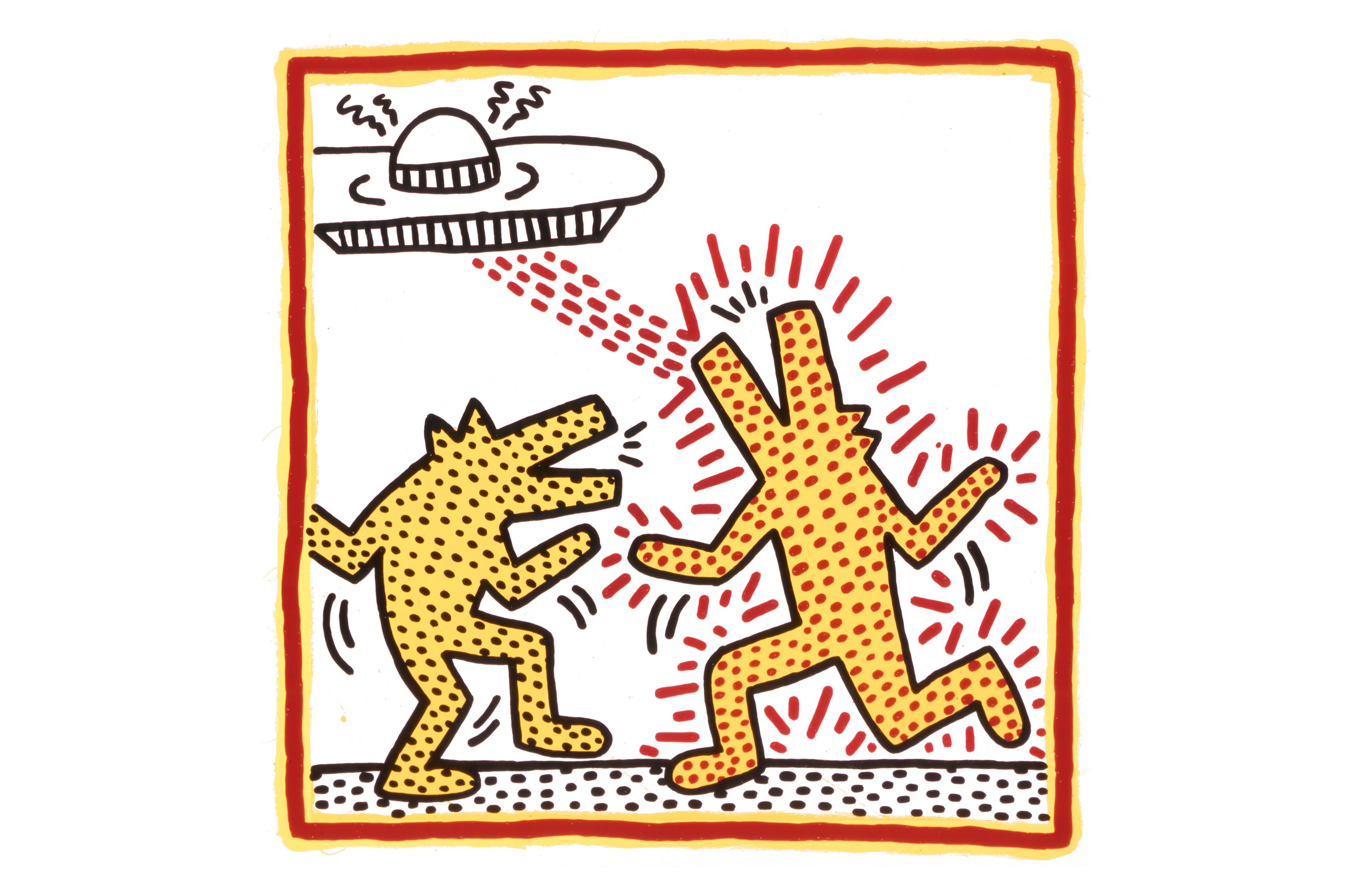 Cartoon-like drawing of two figures with wolf heads moving while one of them is zapped by beams coming out of a UFO in the sky.