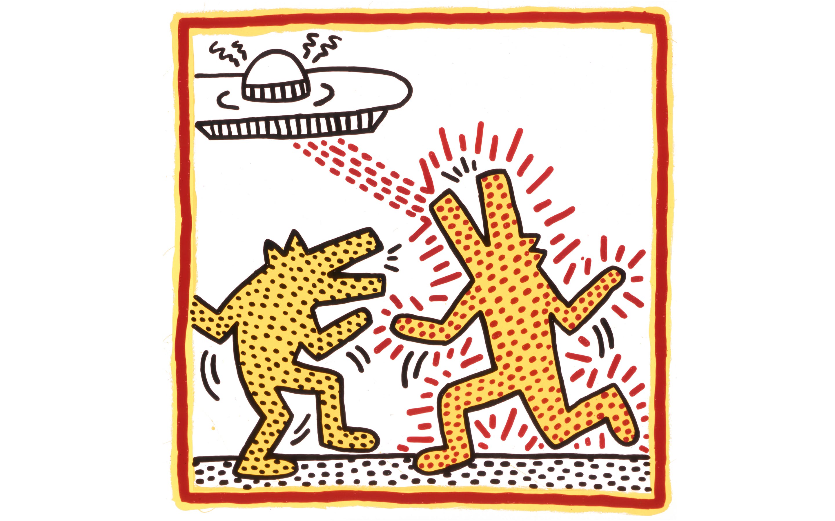 Cartoon-like drawing of two figures with wolf heads moving while one of them is zapped by beams coming out of a UFO in the sky.