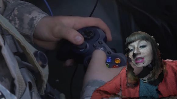 3D rendering of a woman speaking over a video still of someone using a video game controller.